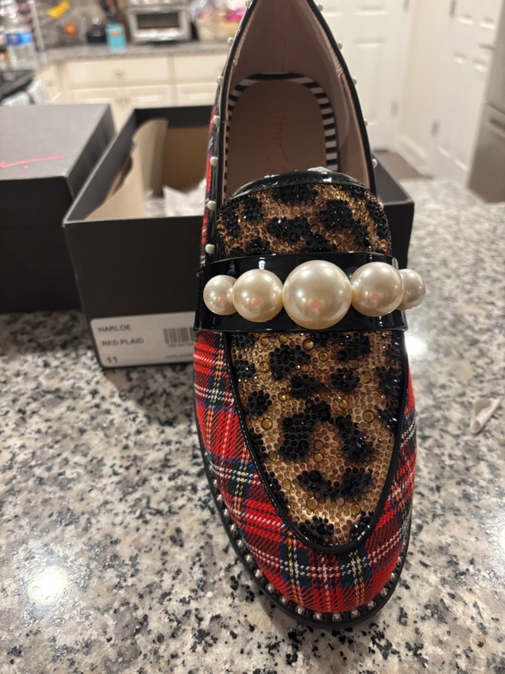 Betsey Johnson Red Plaid & Leopard Pearl-Embellished Loafer - Picture 1 of 5